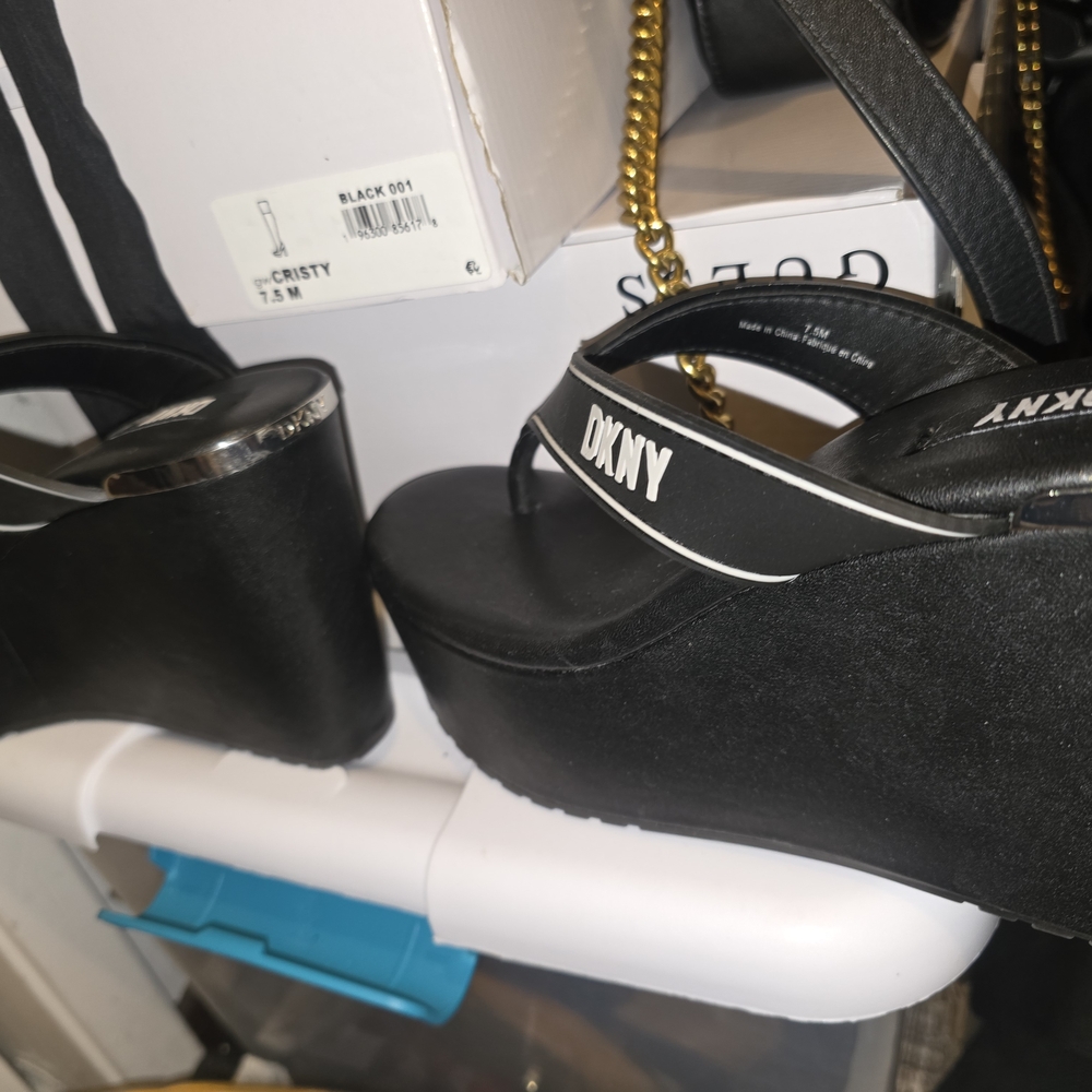 DKNY Black Wedge Sandals with Silver Accent